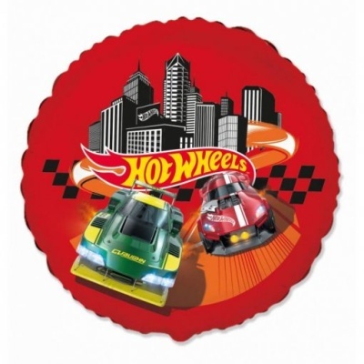 Almofada vermelha com carros de corrida e logo Hot Wheels