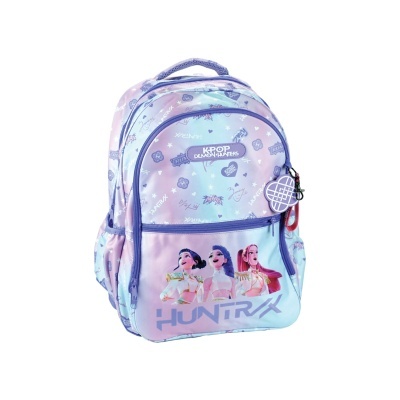 Mochila colorida com ilustração de três figuras femininas e texto KPOP DEMON HUNTERS