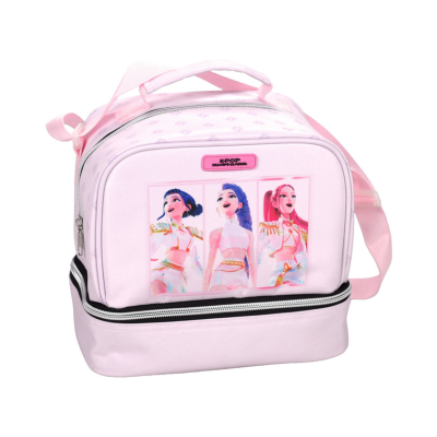Mochila cor-de-rosa com imagem de personagens femininas e etiqueta K-POP DEMON-HUNTERS