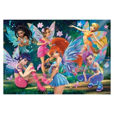 Seis fadas coloridas com asas e roupas variadas num cenário de floresta