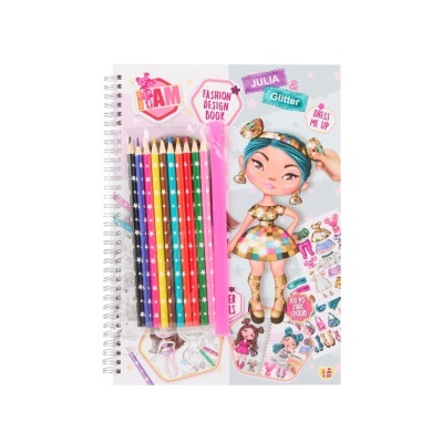 Livro de desenho de moda com lápis de cor e estojo rosa