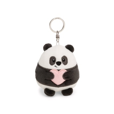 Porta-chaves de pelúcia em forma de panda segurando um coração cor-de-rosa