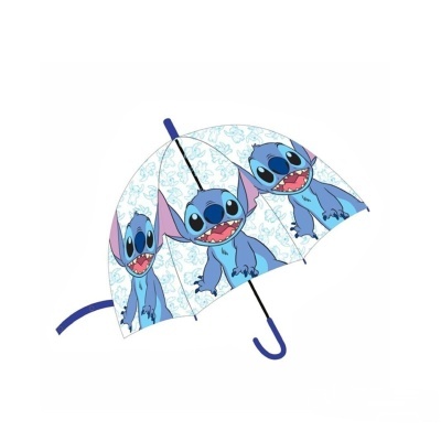 Guarda-chuva infantil transparente com estampa Stitch e pega azul.