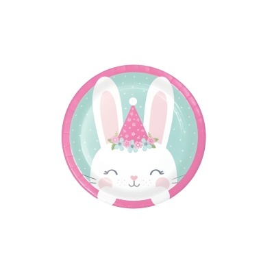 Prato descartável redondo com desenho de coelho branco com chapéu de festa cor-de-rosa