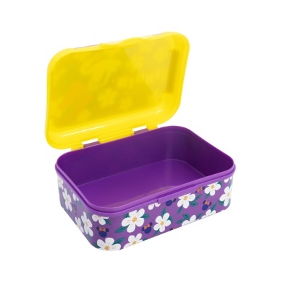 Marmita retangular roxa com tampa amarela e flores brancas