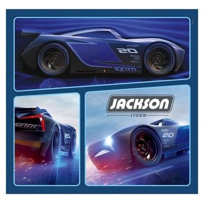 Carro de corrida azul com número 20 e texto JACKSON STORM