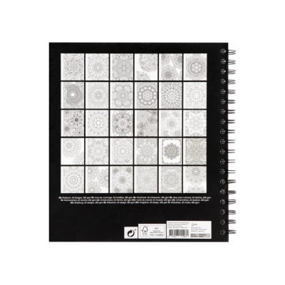 Caderno capa preta com desenhos de mandalas cinzentas e espiral metálico