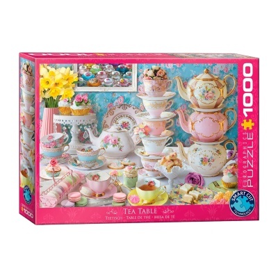 Caixa de puzzle Ravensburger 1000 peças com imagem de mesa de chá decorada com bules, chávenas e doces