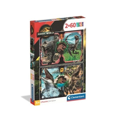 Caixa de puzzle Jurassic World com imagens de dinossauros e texto 2x60 SUPER COLOR e Clementoni