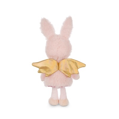 Boneco peluche rosa claro com orelhas longas e asas douradas nas costas