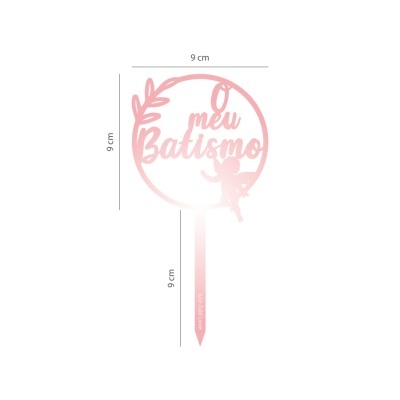 Ponto de bolo cor-de-rosa com texto O meu Batismo e anjo