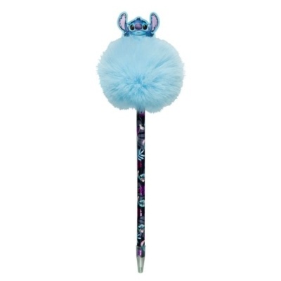 Caneta preta com pompom azul claro e figura Stitch no topo