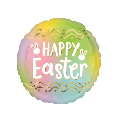 Balão redondo colorido com texto 'HAPPY Easter' e desenhos de coelhos