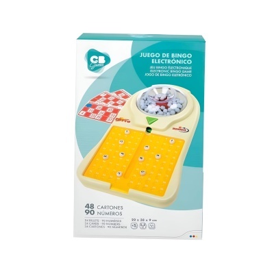 Jogo de bingo eletrónico com tabuleiros amarelos e caixa azul e branca