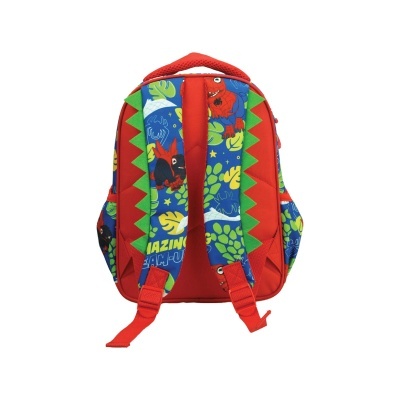 Mochila infantil vermelha com alças coloridas e padrão de desenhos animados