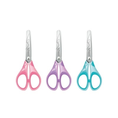 Três tesouras para criança com cabos coloridos em rosa, roxo e azul