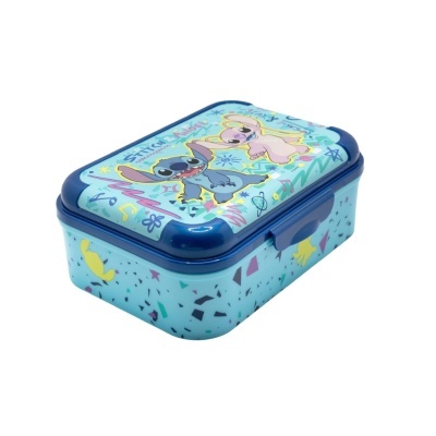Caixa de plástico azul com tampa decorada com personagens Stitch e Angel