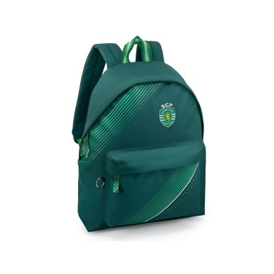 Mochila verde escura com logótipo SCP e detalhes em verde claro e branco
