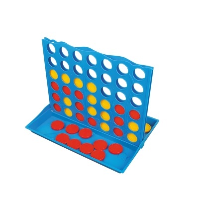 Jogo de tabuleiro azul com fichas vermelhas e amarelas