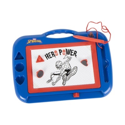 Quadro de desenho magnético infantil com tema Spider-Man, azul e vermelho.