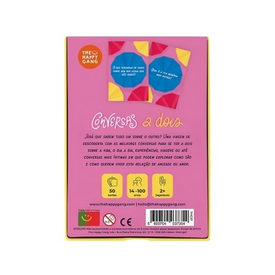 Embalagem traseira do jogo de cartas Conversas a Dois em fundo rosa com texto e ícones