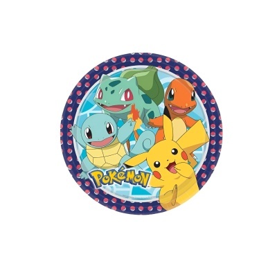 Prato de papel redondo com personagens Pokémon e fundo azul