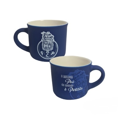 Conjunto de duas canecas azuis com brasão FCP e texto em branco