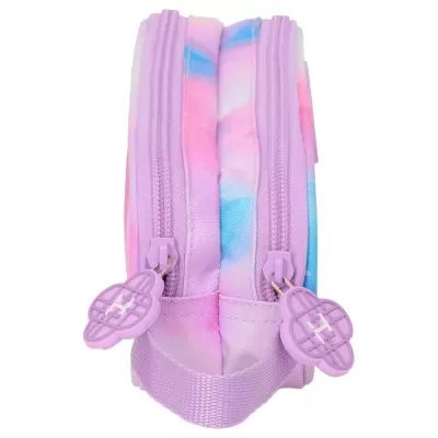 Estojo tie-dye lilás, rosa e azul com dois fechos e puxadores em formato de waffle lilás