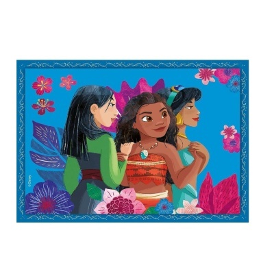 Ilustração de três personagens femininas de desenhos animados com flores coloridas e fundo azul