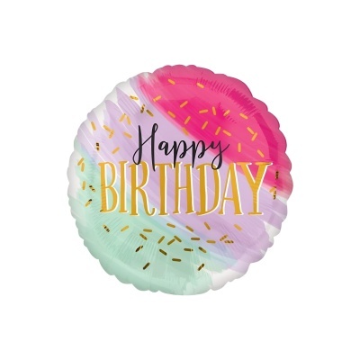 Balão de festa redondo com texto Happy BIRTHDAY em cores pastel