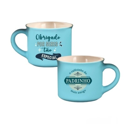 Duas canecas azuis de cerâmica com textos em português e interior bege