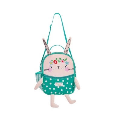 Mochila infantil em forma de coelho com padrão de bolinhas e bordados de flores