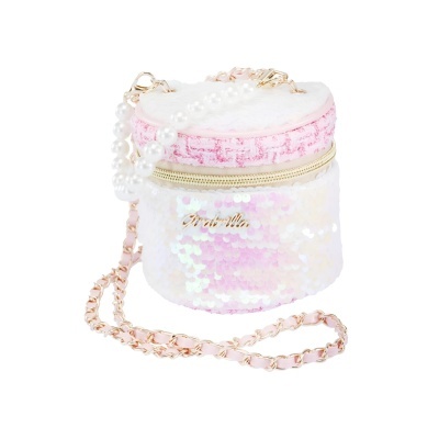 Mala pequena redonda rosa com lantejoulas brancas e alça de corrente