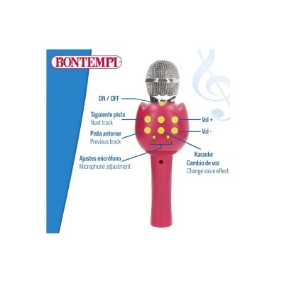 Microfone de karaokê rosa Bontempi com botões amarelos e metálico prateado