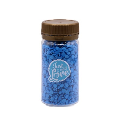 Frasco com pastilhas azuis e etiqueta 