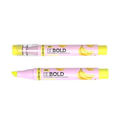Marcadores fluorescentes amarelo com rosa decorados com bananas e texto BEE BEBOLD