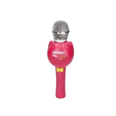 Microfone de brincar rosa com topo metálico e texto PONTEMP Baby