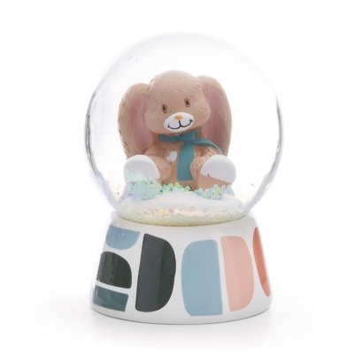 Globo de neve com coelho castanho claro dentro e base cerâmica colorida