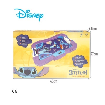 Caixa de jogo de pinball Disney Stitch roxa com detalhes azuis e personagens no centro.