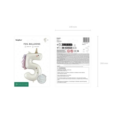 Embalagem com balão em formato número 5 branco e dourado com detalhes rosa