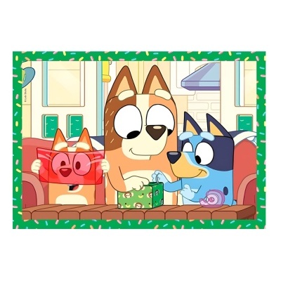 Puzzle infantil com personagens da série Bluey e uma caixa verde