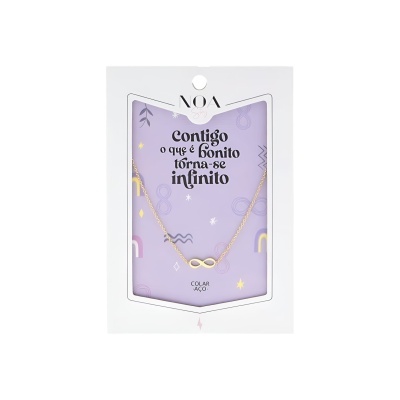 Colar de aço dourado com símbolo do infinito em embalagem branca lilás com texto