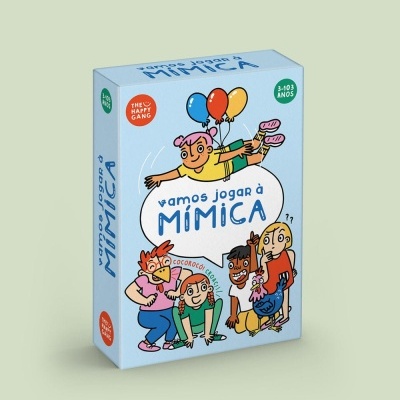 Caixa de jogo 'vamos jogar à MÍMICA' com ilustrações de personagens e balões