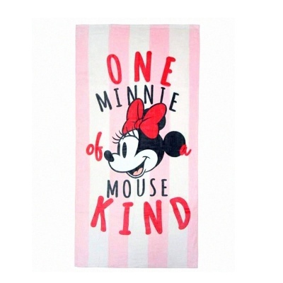 Toalha branca e rosa às riscas com desenho da Minnie Mouse e texto em vermelho e preto