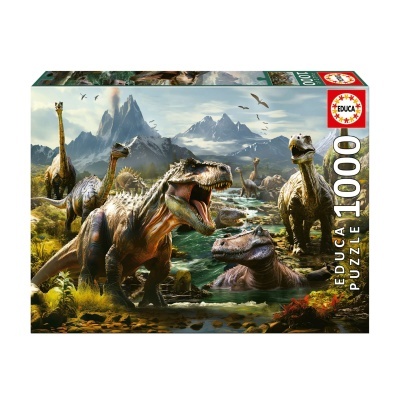 Caixa de puzzle com imagem de dinossauros em paisagem natural