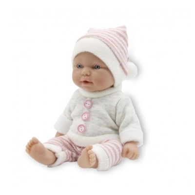 Boneca bebé com roupa branca e rosa sentada