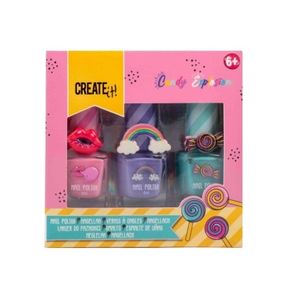 Conjunto de vernizes para unhas em embalagem rosa com decoração colorida.