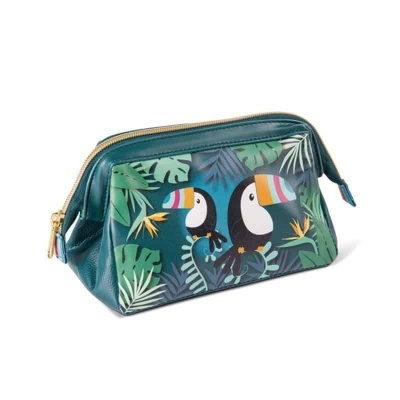 Necessaire verde com estampa de tucanos e folhas tropicais