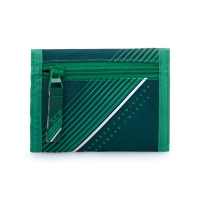 Carteira verde e azul com fecho e padrão de riscas diagonais