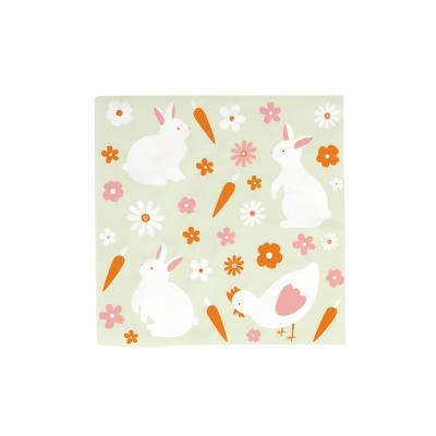 Guardanapo tecido verde com coelhos, cenouras e flores coloridas